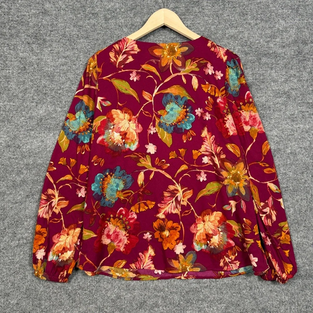 Bell by Kim Gravel Size Large Top Blouse Maroon Floral Boho V Neck Puff Sleeves